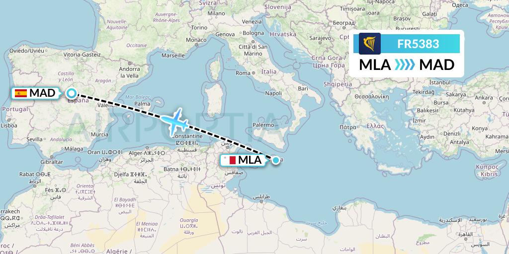 FR5383 Ryanair Flight Map: Malta to Madrid