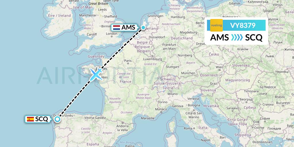 VY8379 Vueling Flight Map: Amsterdam to Santiago