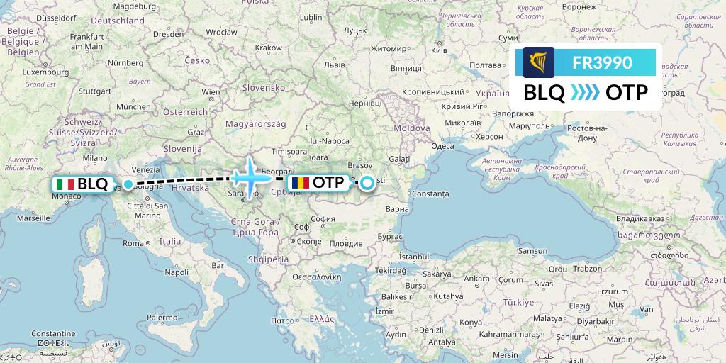 FR3990 Ryanair Flight Map: Bologna to Bucharest