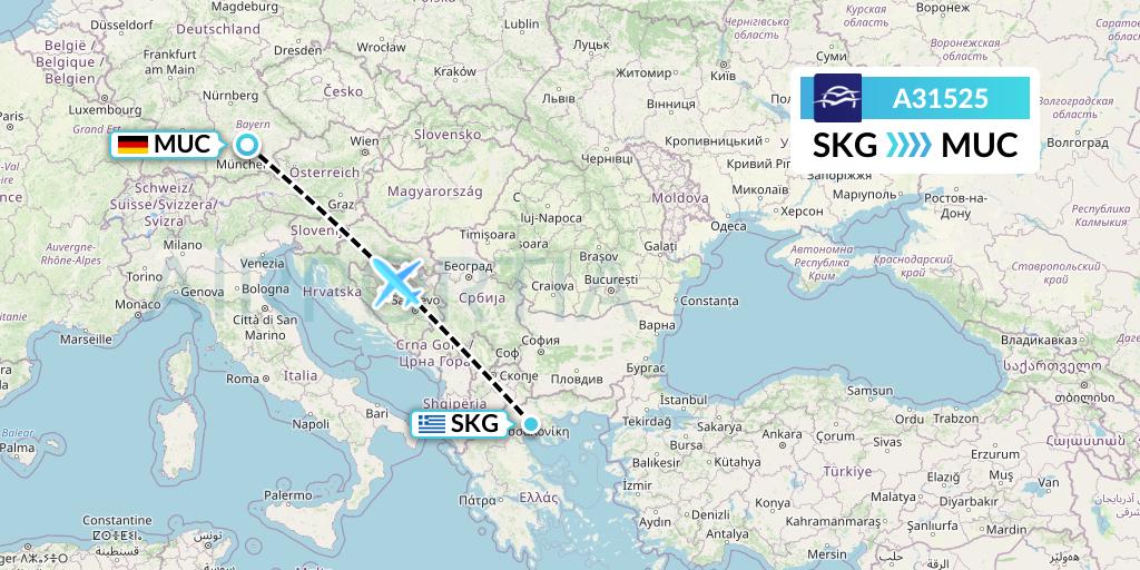 A31525 Aegean Airlines Flight Map: Thessaloniki to Munich
