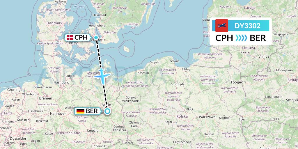 DY3302 Norwegian Flight Map: Copenhagen to Berlin