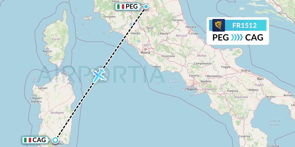 FR1512 Ryanair Flight Map: Perugia to Cagliari