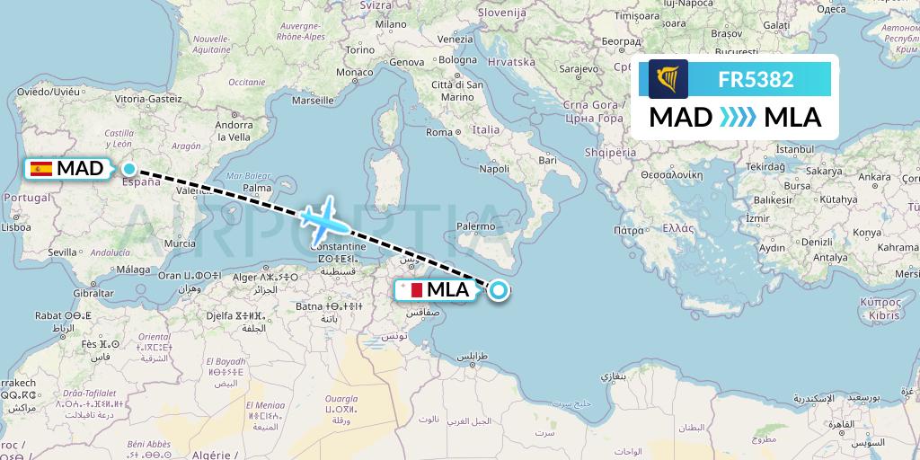 FR5382 Ryanair Flight Map: Madrid to Malta