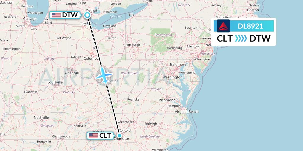 DL8921 Delta Air Lines Flight Map: Charlotte to Detroit