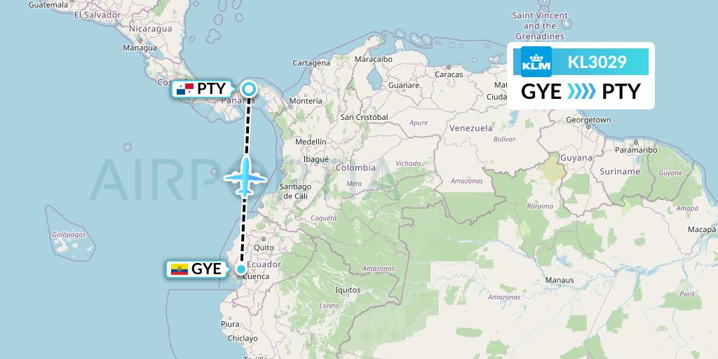 KL3029 KLM Flight Map: Guayaquil to Panama City