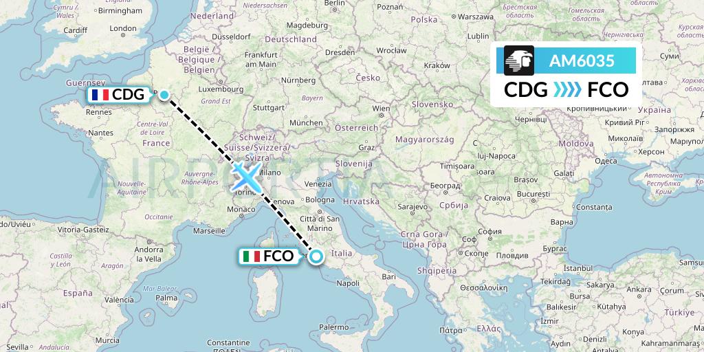 AM6035 Aeromexico Flight Map: Paris to Rome
