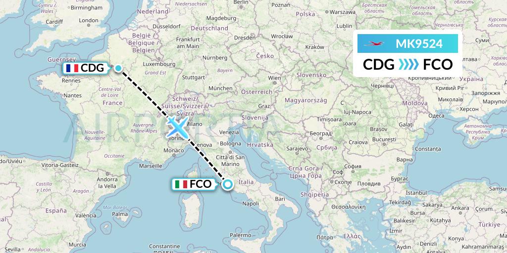 MK9524 Air Mauritius Flight Map: Paris to Rome