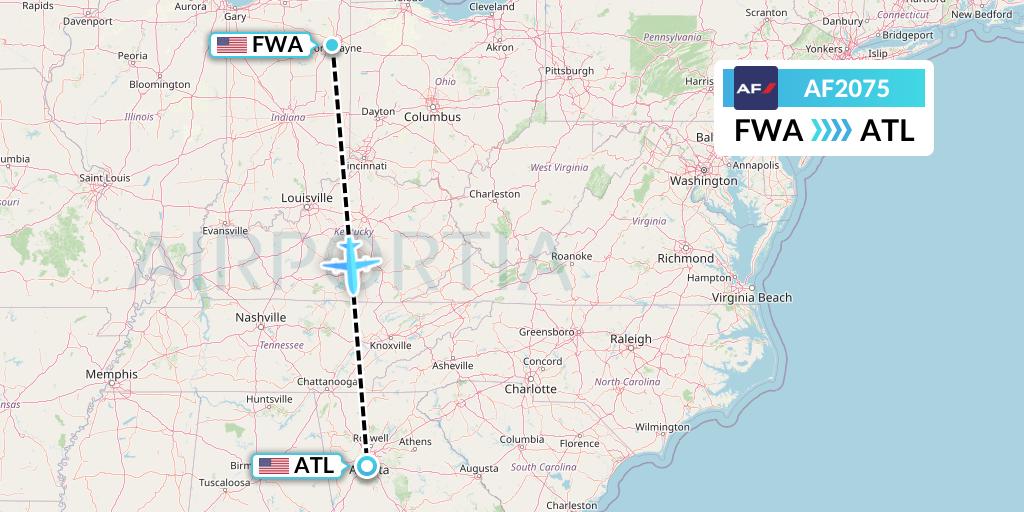 AF2075 Air France Flight Map: Fort Wayne to Atlanta