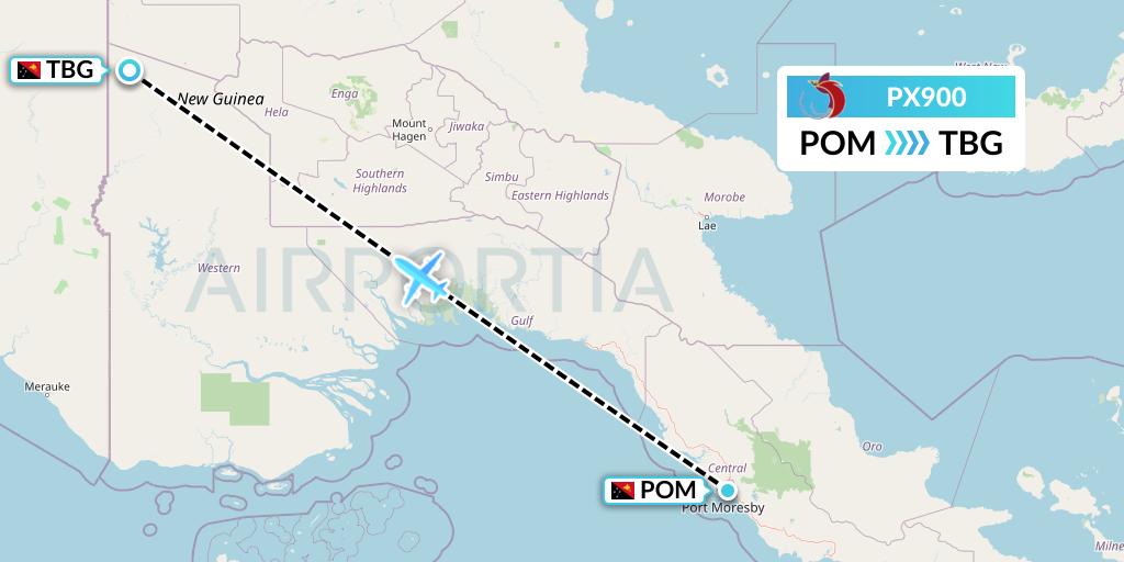 PX900 Air Niugini Flight Map: Port Moresby to Tabubil