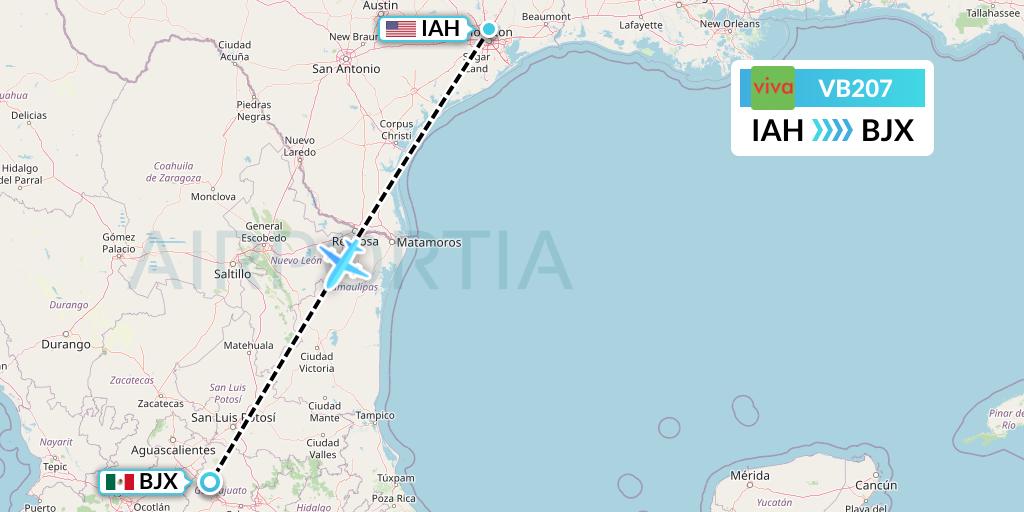 VB207 VivaAerobus Flight Map: Houston to Silao