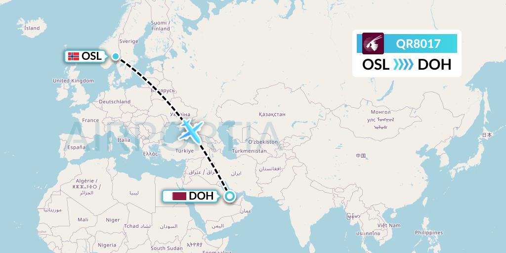 QR8017 Qatar Airways Flight Map: Oslo to Doha