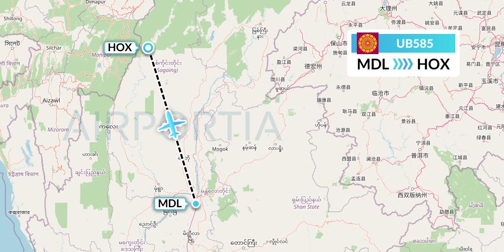 UB585 Myanmar National Airlines Flight Map: Mandalay to Hommalinn
