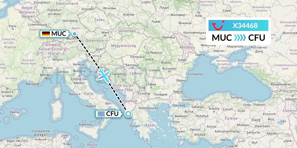 X34468 TUI fly Germany Flight Map: Munich to Corfu
