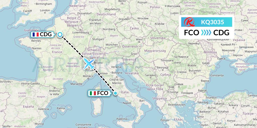 KQ3035 Kenya Airways Flight Map: Rome to Paris