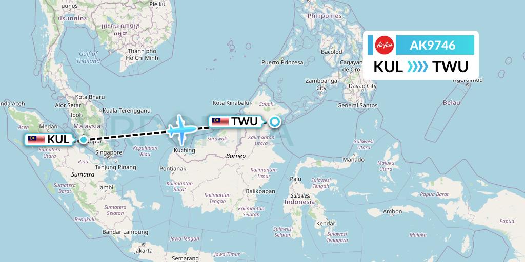 AK9746 AirAsia Flight Map: Kuala Lumpur to Tawau