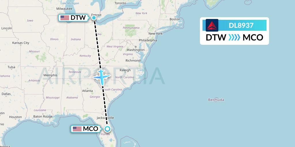 DL8937 Delta Air Lines Flight Map: Detroit to Orlando