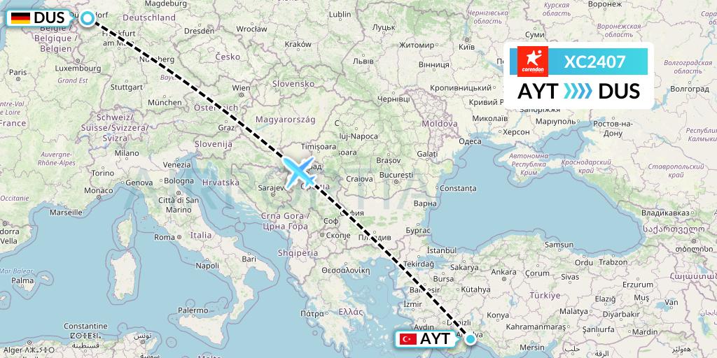 XC2407 Corendon Airlines Flight Map: Antalya to Dusseldorf