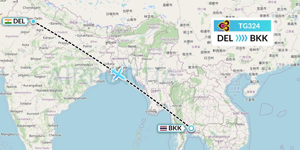 TG324 Thai Airways Flight Map: Delhi to Bangkok