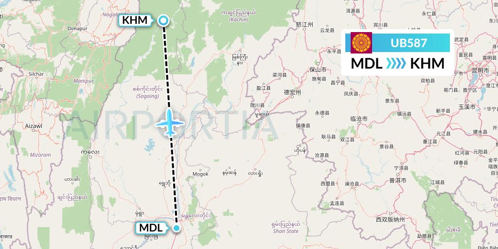 UB587 Myanmar National Airlines Flight Map: Mandalay to Kanti