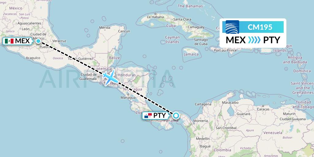 CM195 Copa Airlines Flight Map: Mexico City to Panama City