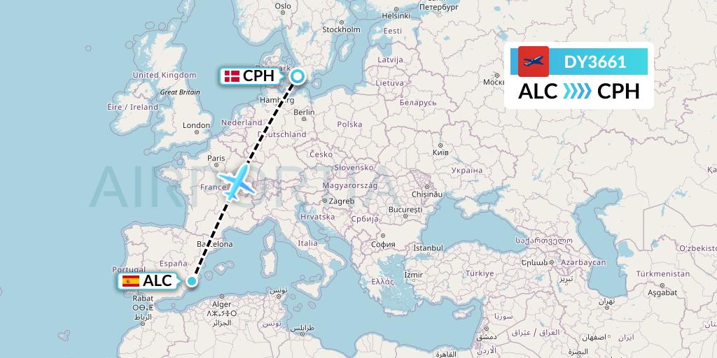 DY3661 Norwegian Flight Map: Alicante to Copenhagen