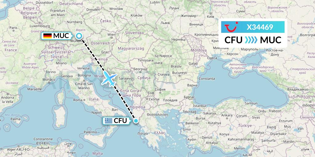 X34469 TUI fly Germany Flight Map: Corfu to Munich