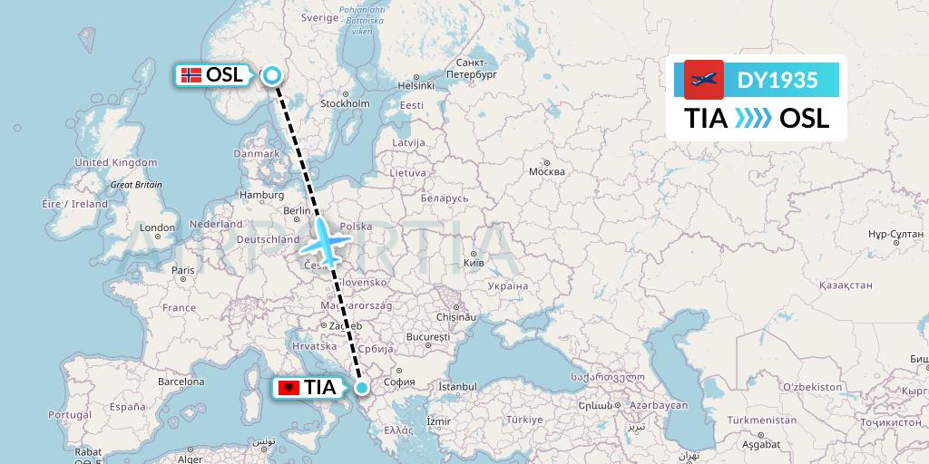 DY1935 Norwegian Flight Map: Tirana to Oslo