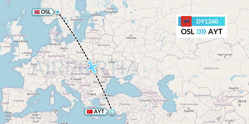 DY1260 Norwegian Flight Map: Oslo to Antalya