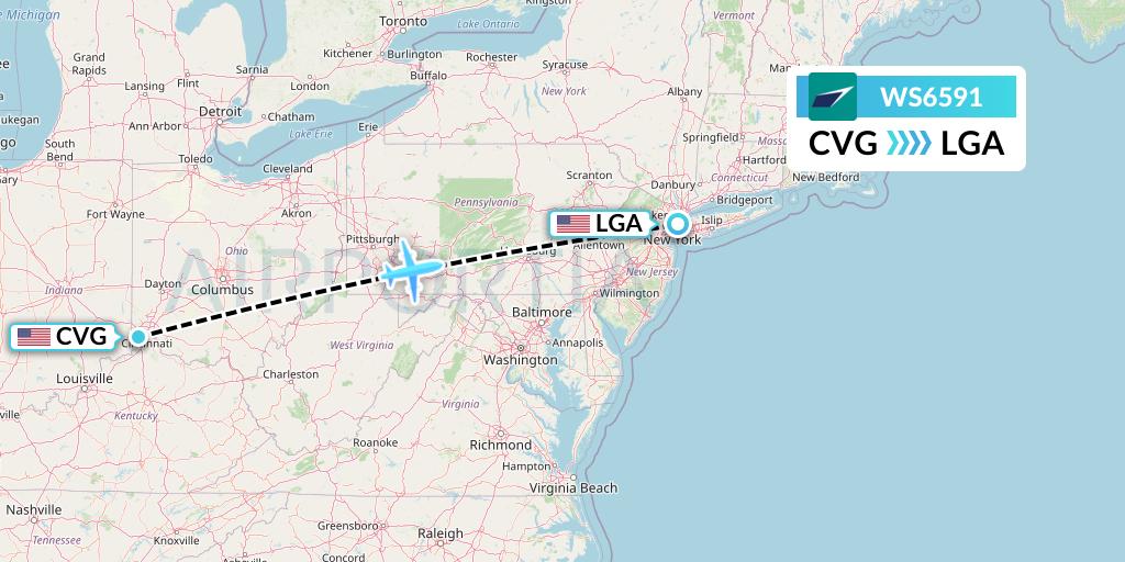 WS6591 WestJet Flight Map: Cincinnati to New York