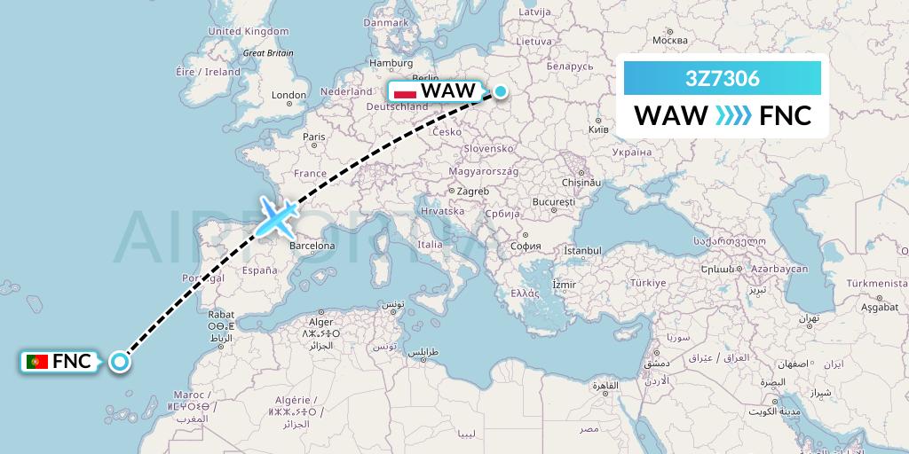 3Z7306 Travel Service Polska Flight Map: Warsaw to Funchal
