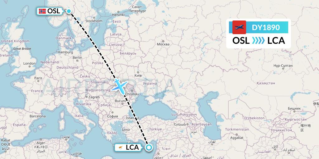DY1890 Norwegian Flight Map: Oslo to Larnaca