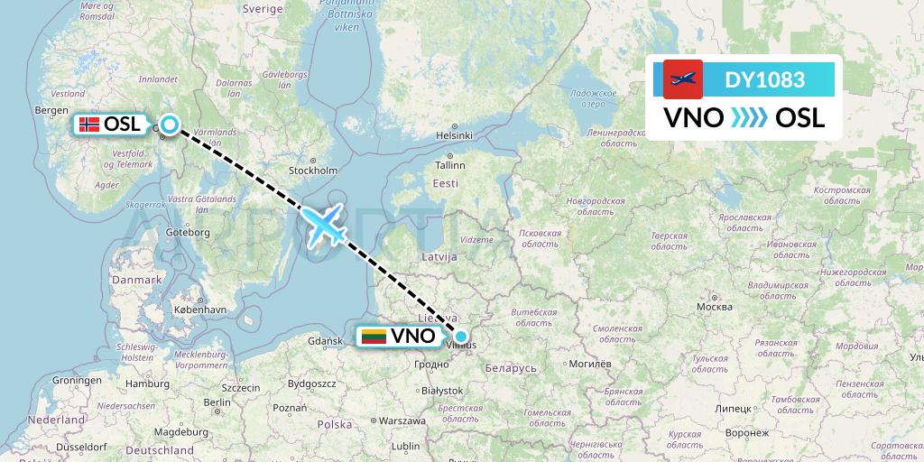 DY1083 Norwegian Flight Map: Vilnius to Oslo