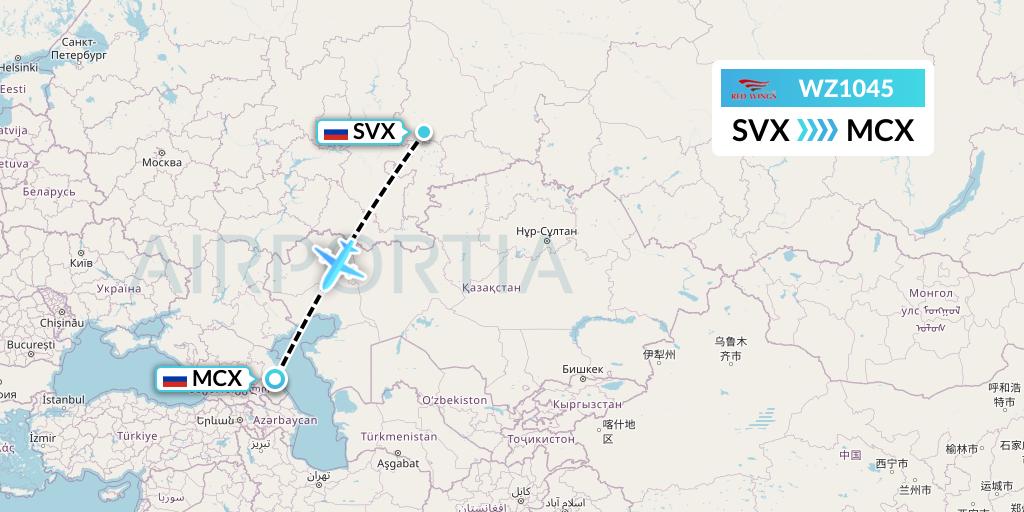 WZ1045 Red Wings Flight Map: Yekaterinburg to Makhachkala