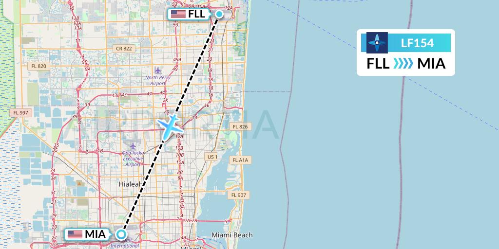 LF154 Corporate Flight Management Flight Map: Fort Lauderdale to Miami