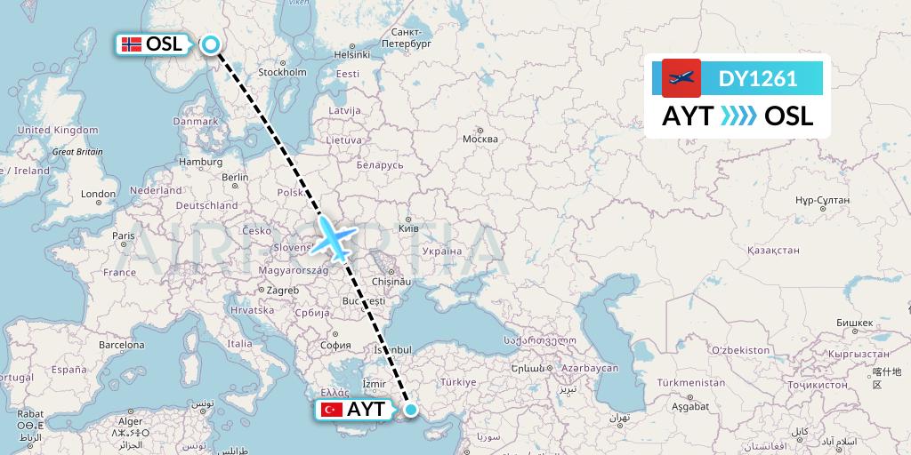 DY1261 Norwegian Flight Map: Antalya to Oslo
