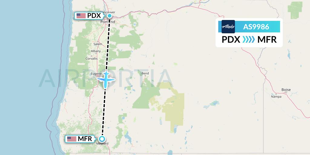 AS9986 Alaska Airlines Flight Map: Portland to Medford