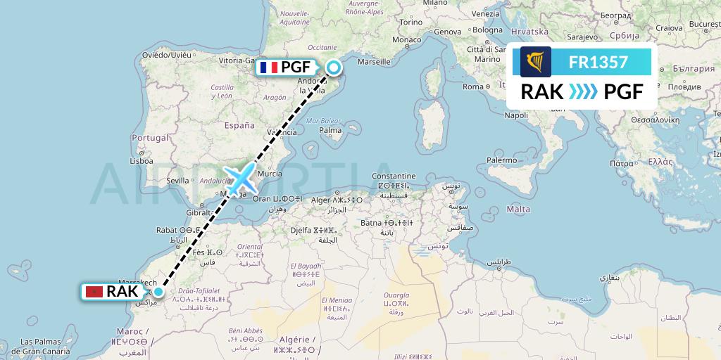 FR1357 Ryanair Flight Map: Marrakesh to Perpignan