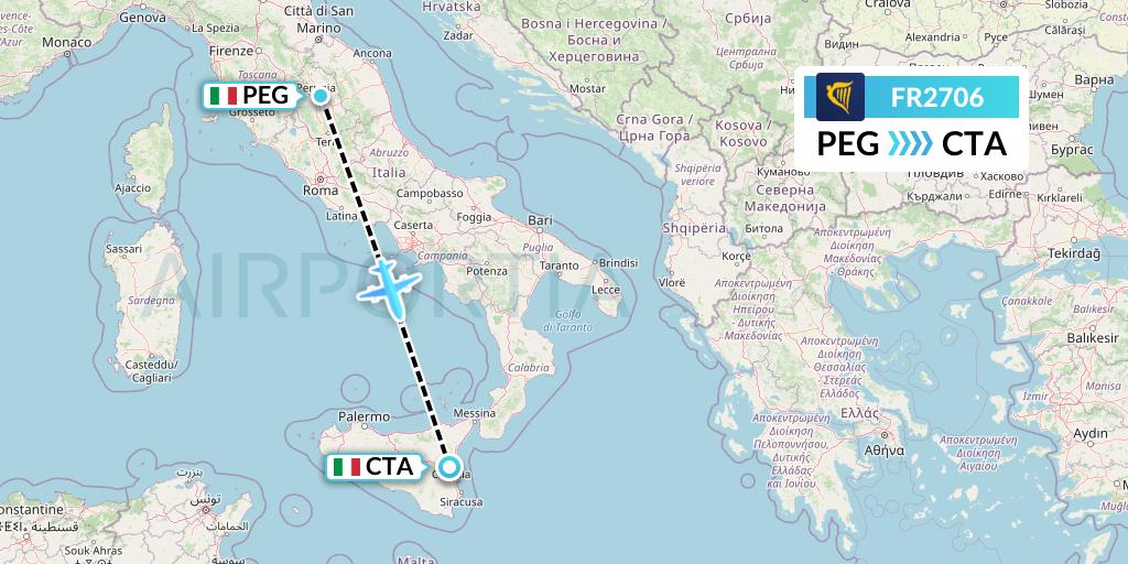 FR2706 Ryanair Flight Map: Perugia to Catania