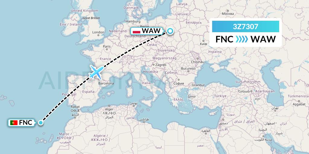 3Z7307 Travel Service Polska Flight Map: Funchal to Warsaw