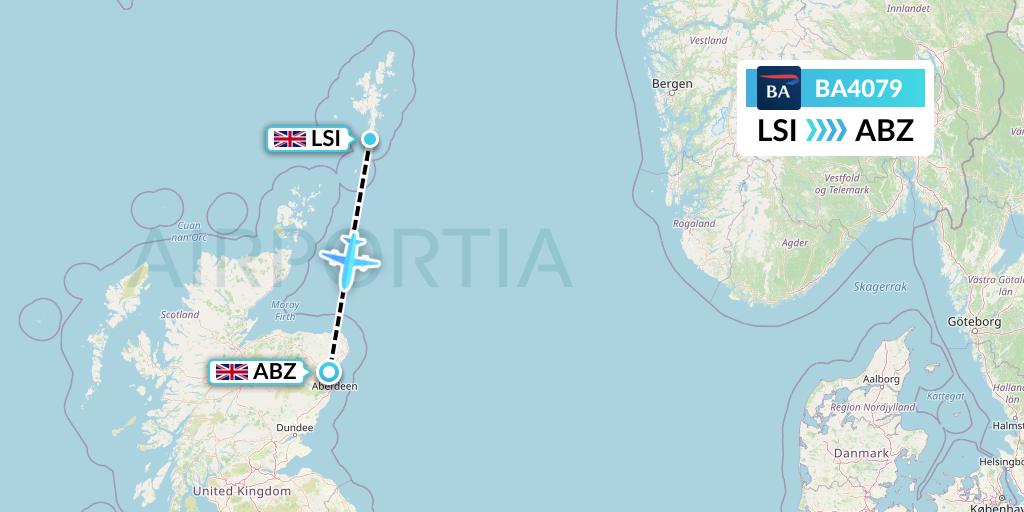 BA4079 British Airways Flight Map: Sumburgh to Aberdeen