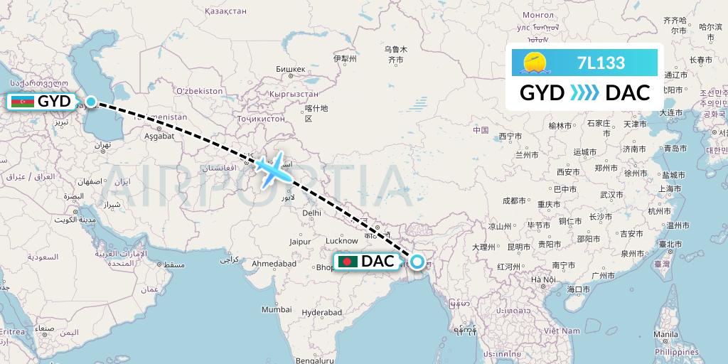 7L133 Silk Way West Airlines Flight Map: Baku to Dhaka