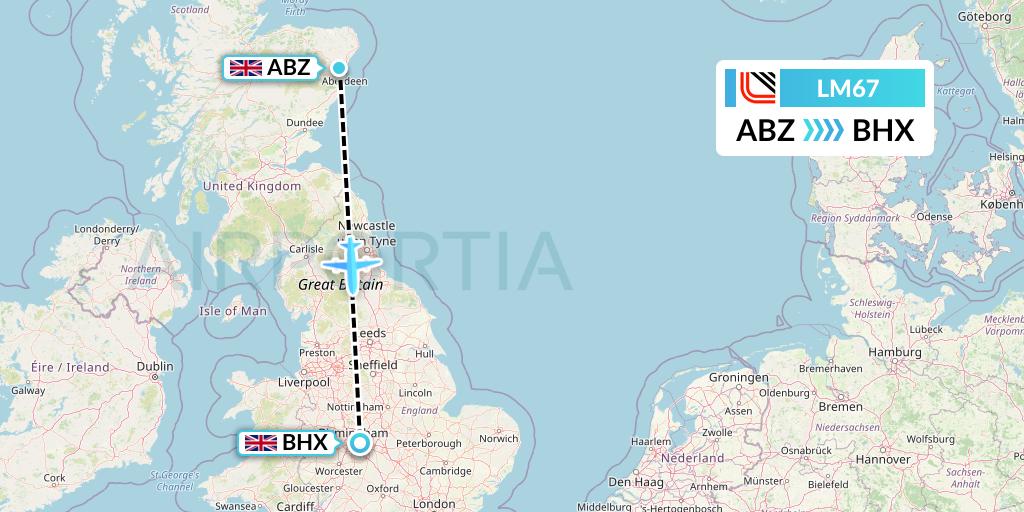 LM67 Loganair Flight Map: Aberdeen to Birmingham