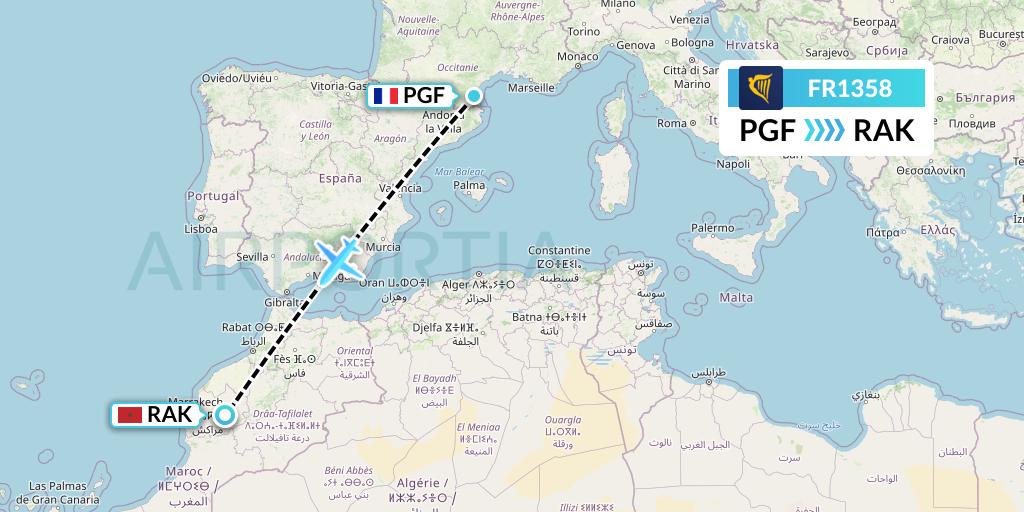 FR1358 Ryanair Flight Map: Perpignan to Marrakesh