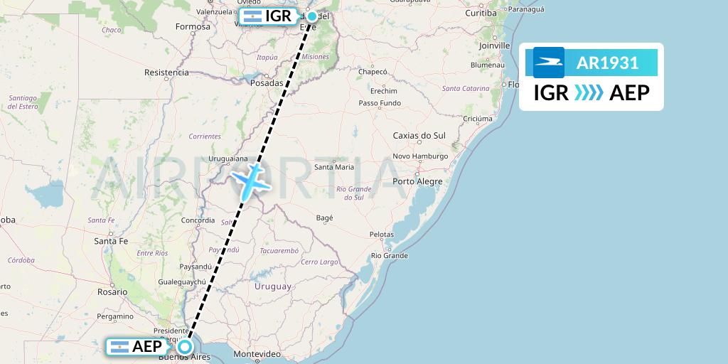 AR1931 Aerolineas Argentinas Flight Map: Puerto Iguazu to Buenos Aires