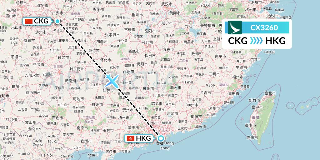 CX3260 Cathay Pacific Flight Map: Chongqing to Hong Kong