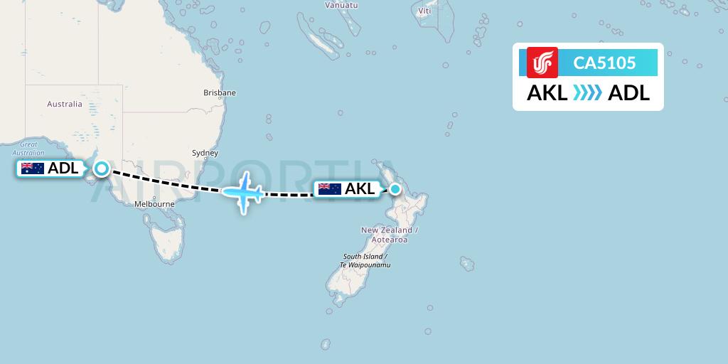 CA5105 Air China Flight Map: Auckland to Adelaide