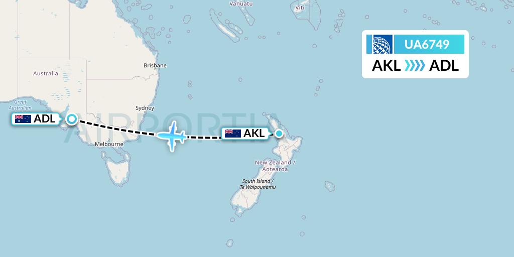UA6749 United Airlines Flight Map: Auckland to Adelaide