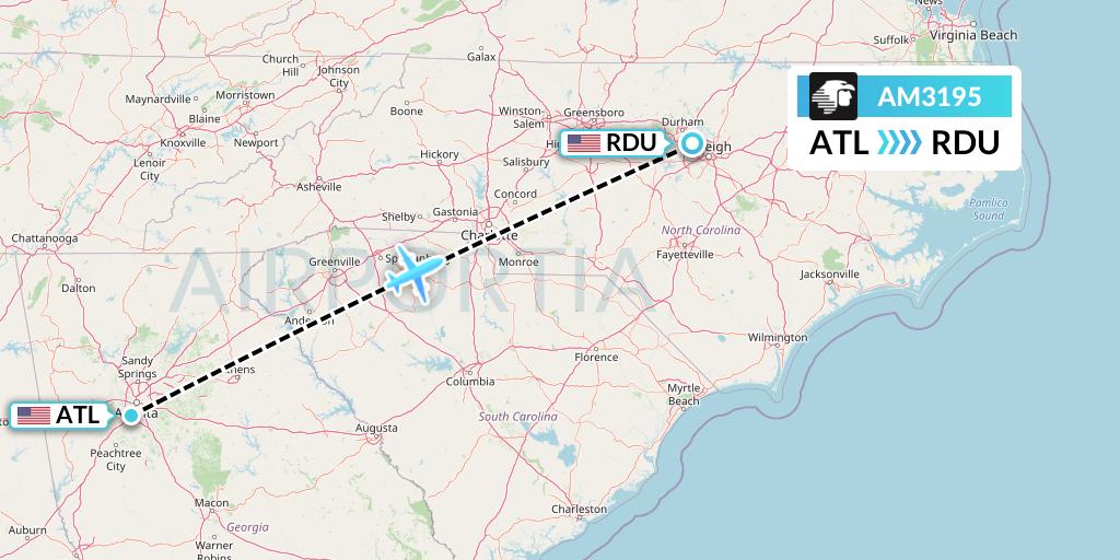 AM3195 Aeromexico Flight Map: Atlanta to Raleigh-Durham