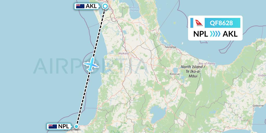 QF8628 Qantas Flight Map: New Plymouth to Auckland