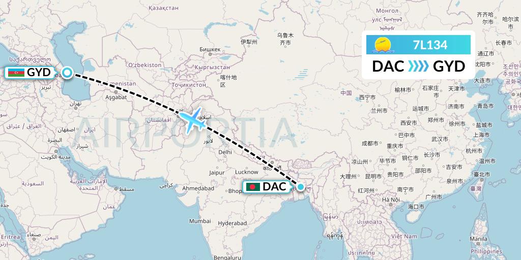 7L134 Silk Way West Airlines Flight Map: Dhaka to Baku